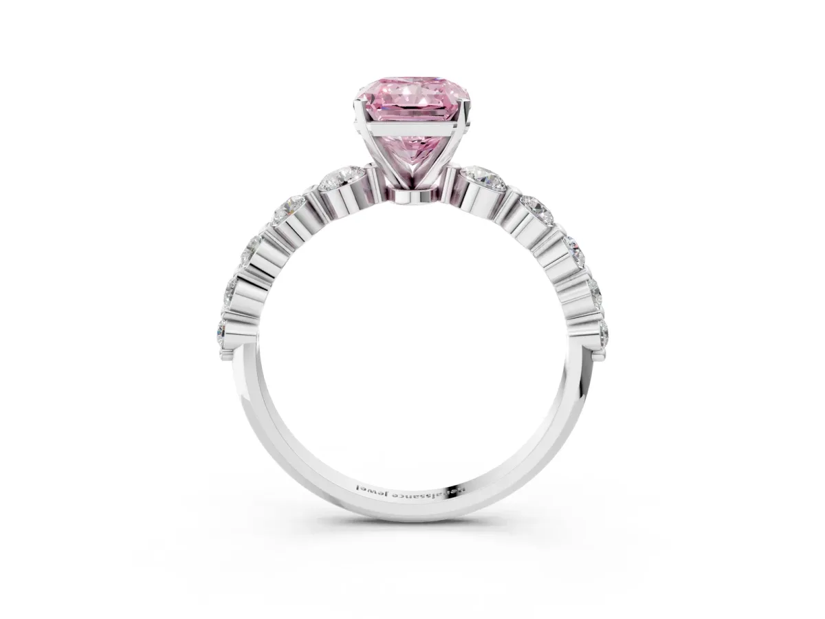 Fancy Pink Radiant Cut Solitaire Diamond Ring with Pave Band and Four-Prong Setting Silver