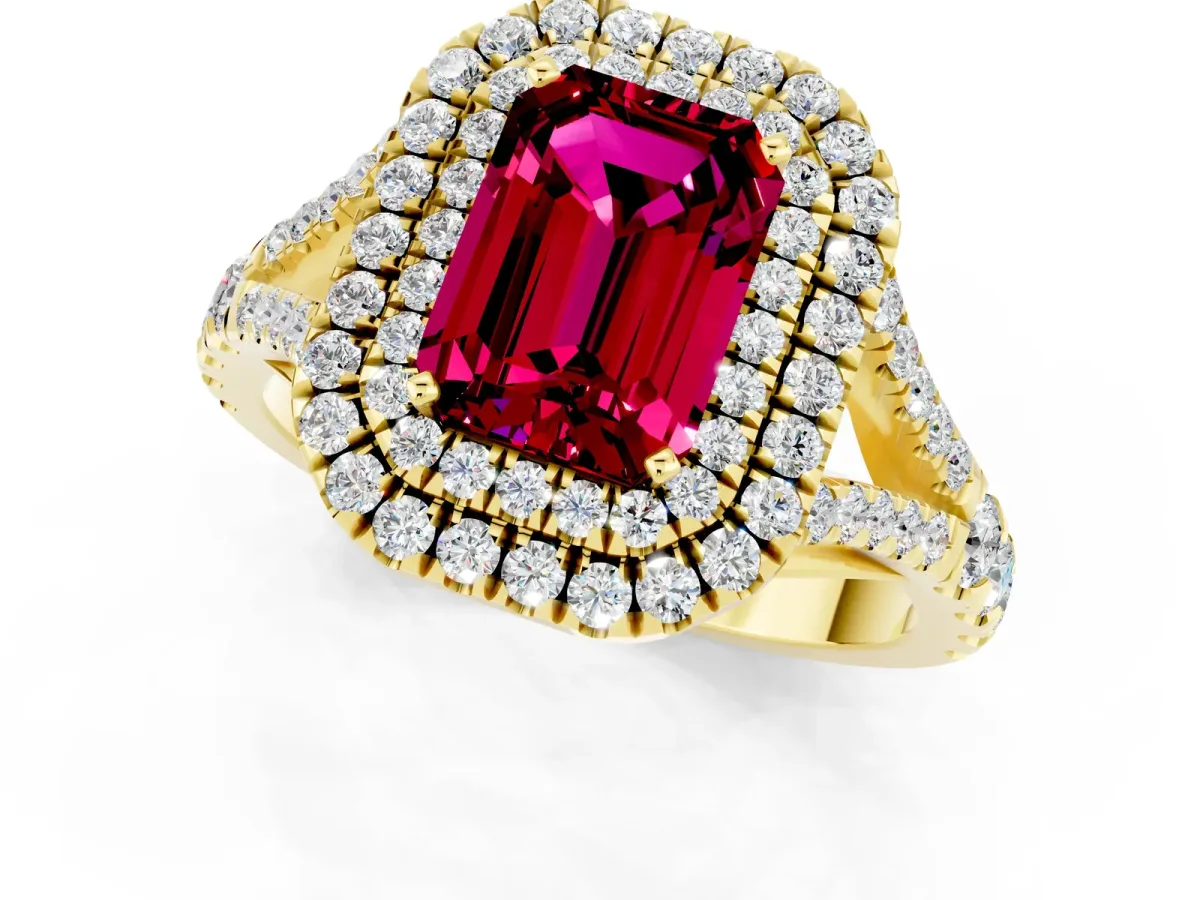 Double Halo Emerald Cut Garnet Split Shank Engagement Ring with Four-Prong Setting Yellow gold