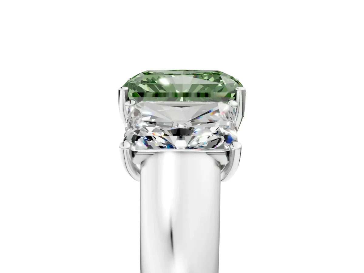 Fancy Green Three-Stone Radiant Cut Cut Diamond Ring with Prong Setting and Classic Band Platinum