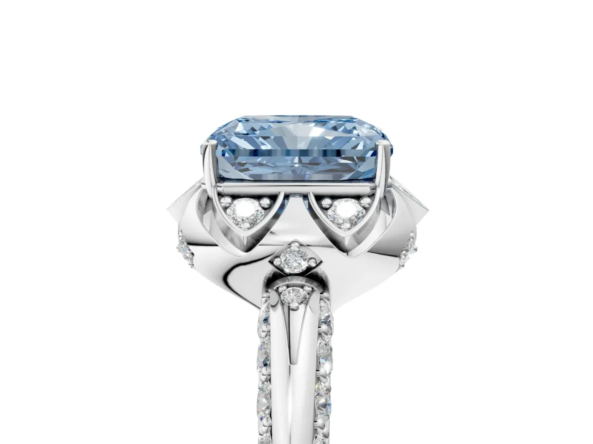Fancy Blue Radiant Cut Halo Split Shank Pave Diamond Ring with Petal Prong Setting Platinum