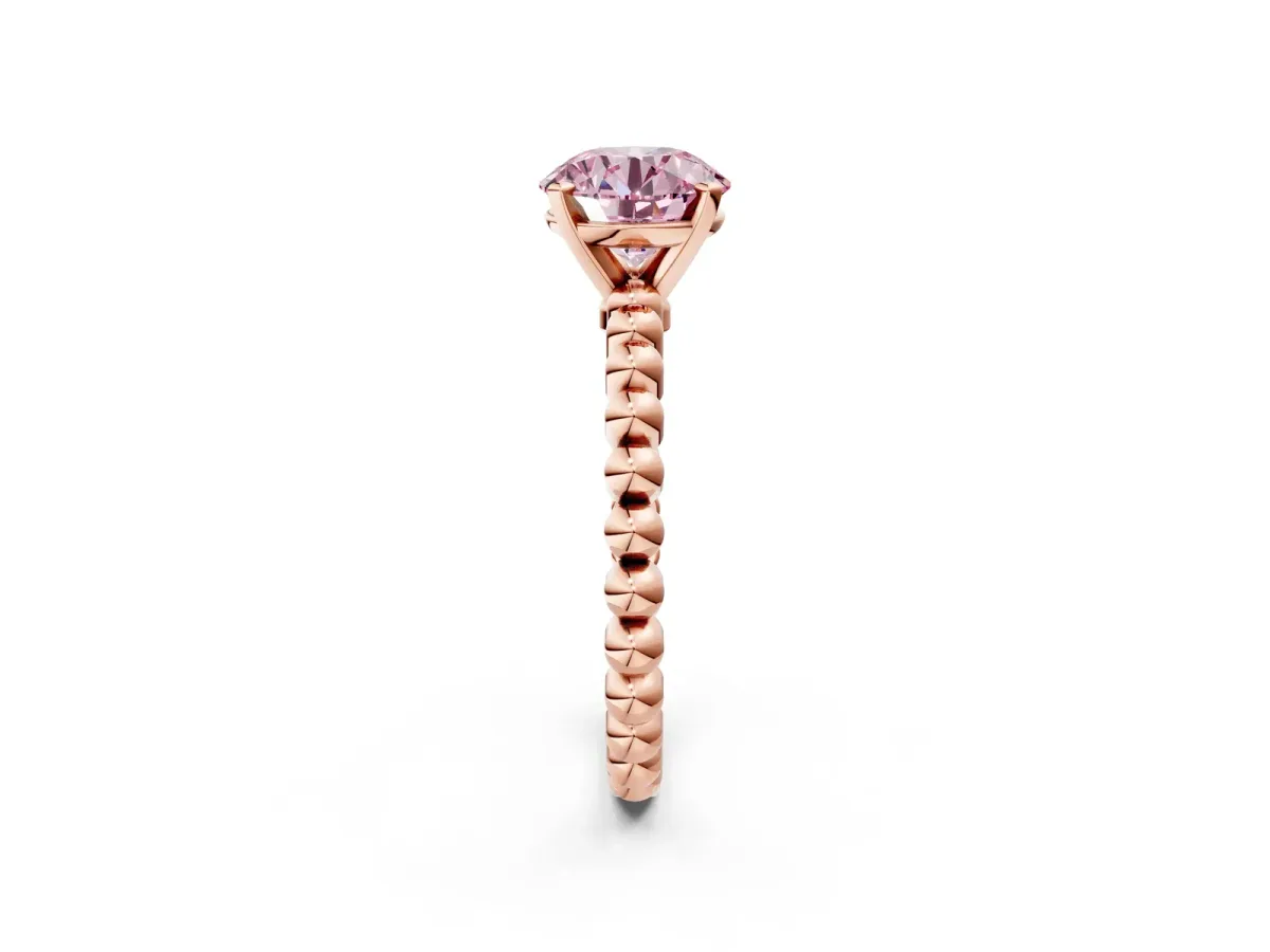 Fancy Pink Round Cut Diamond Solitaire Ring with Beaded Band and Prong Setting Rose gold