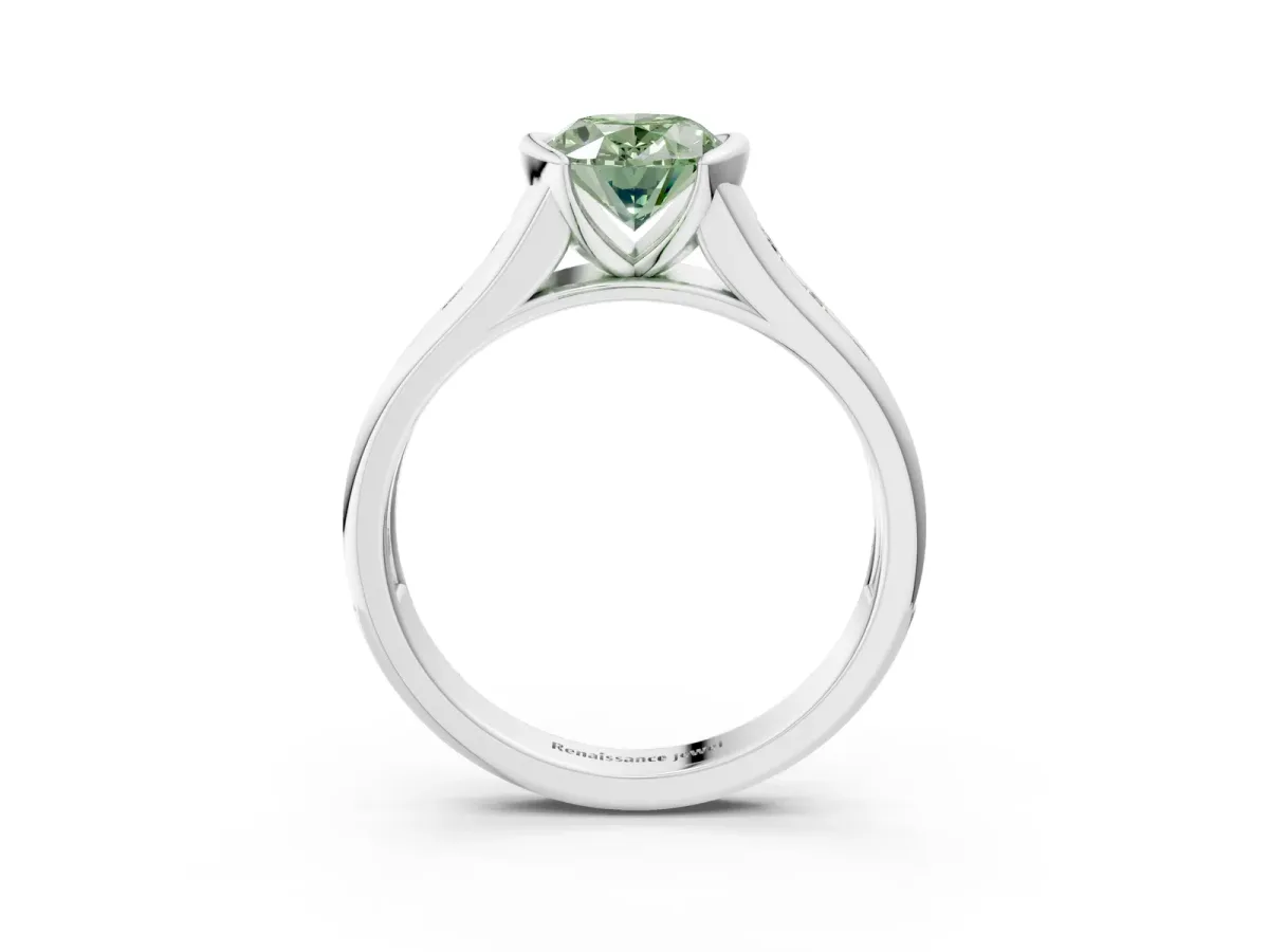 Fancy Green Oval Cut Solitaire Bezel-Set Diamond Ring with Channel-Set Band Platinum