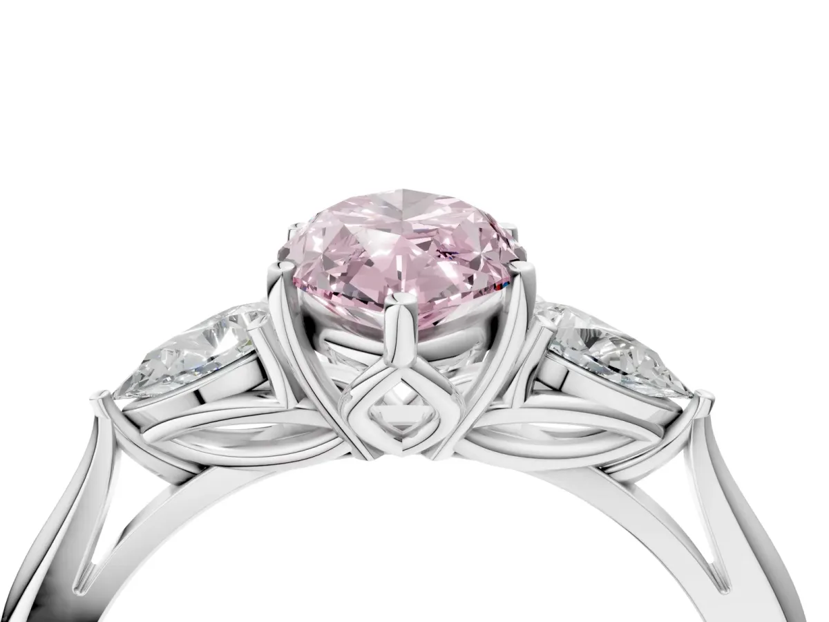 Fancy Pink Marquise Cut Diamond Three-Stone Ring with Pear Side Stones and Prong Setting White gold