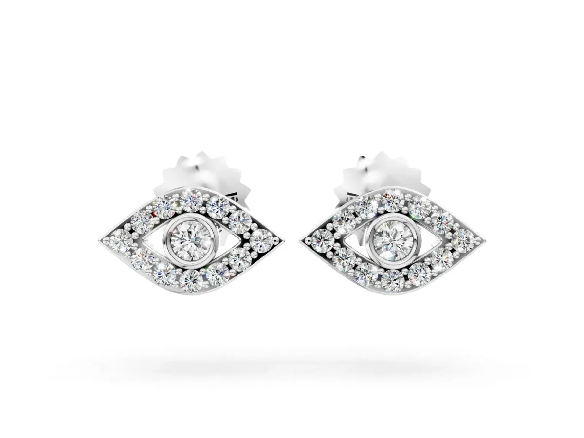 Round Diamond Bezel Center Evil Eye Stud Earrings Silver