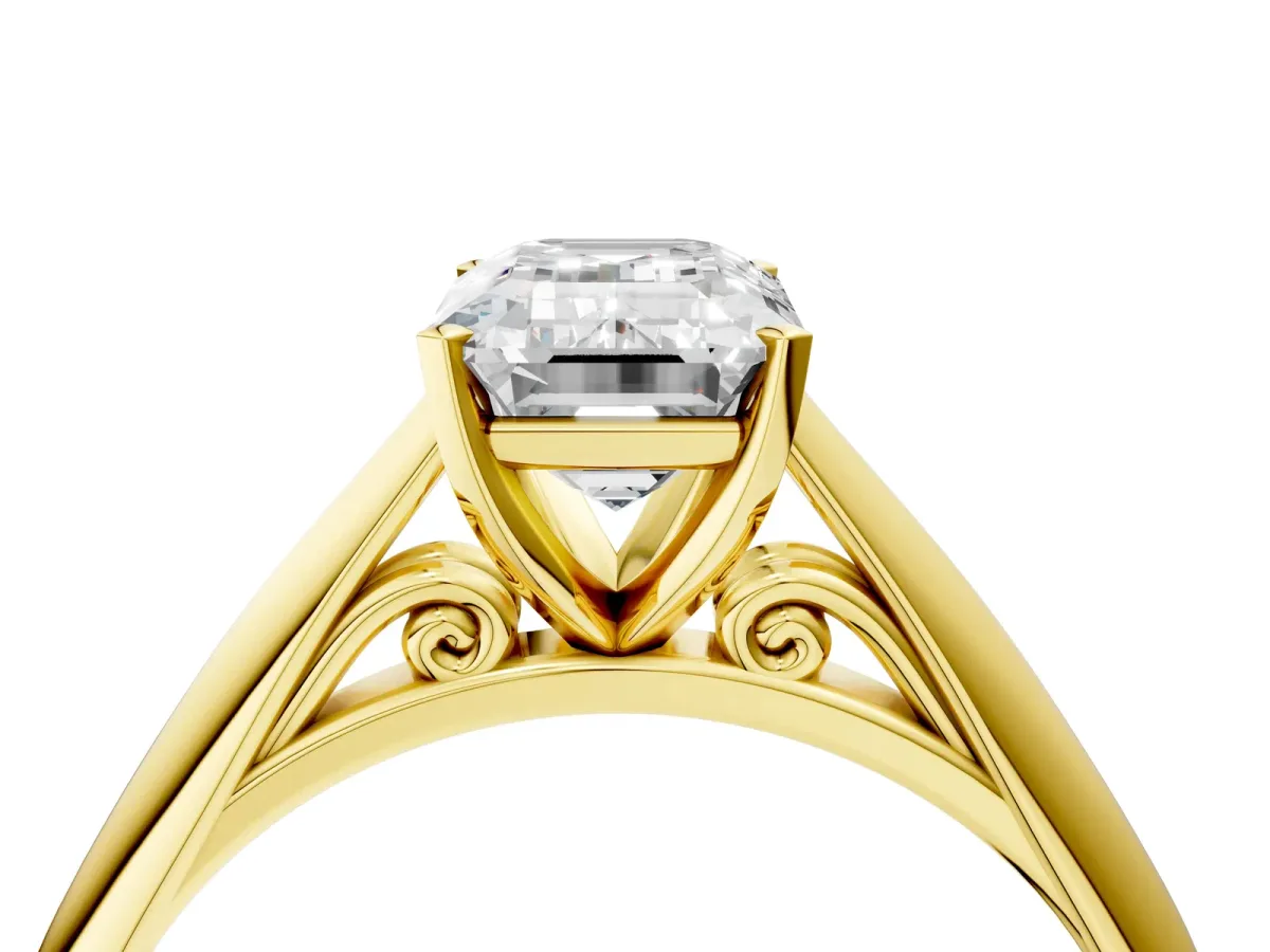 Emerald Cut Diamond Solitaire Engagement Ring with Cathedral Setting and Four-Prong Mount Yellow gold