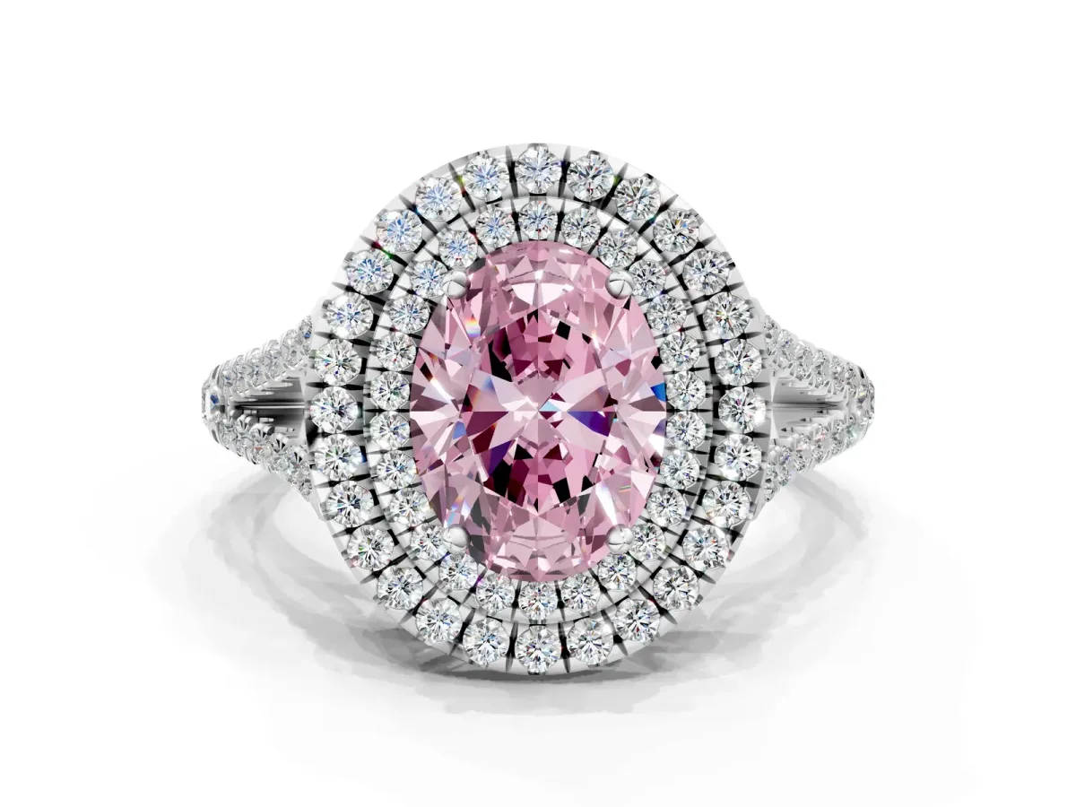 Fancy Pink Oval Cut Diamond Double Halo Ring with Pavé Band and Prong Setting Silver