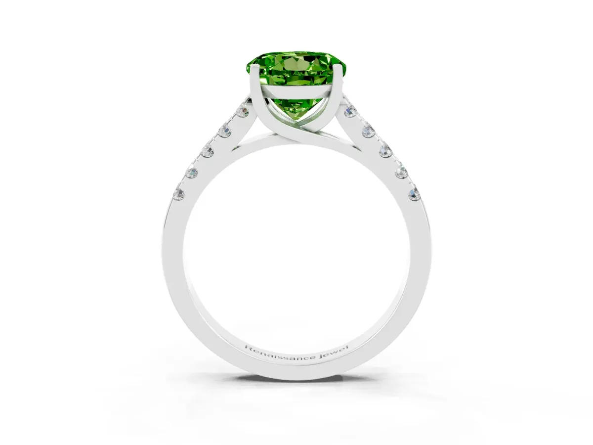 Round Cut Peridot Pavé Band Solitaire Ring with Prong Setting White gold