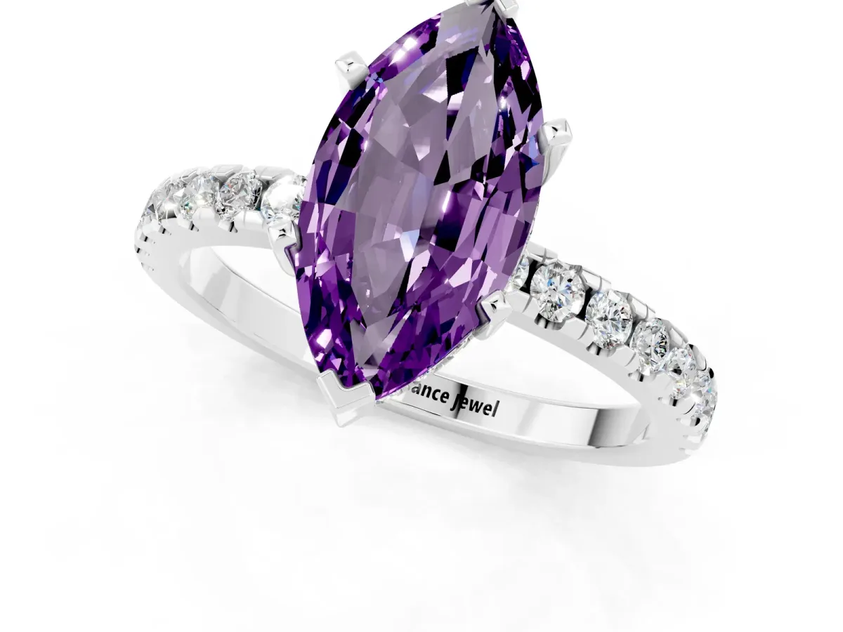Marquise Cut Amethyst Solitaire Ring with Round Pavé Band and Four-Prong Setting Silver
