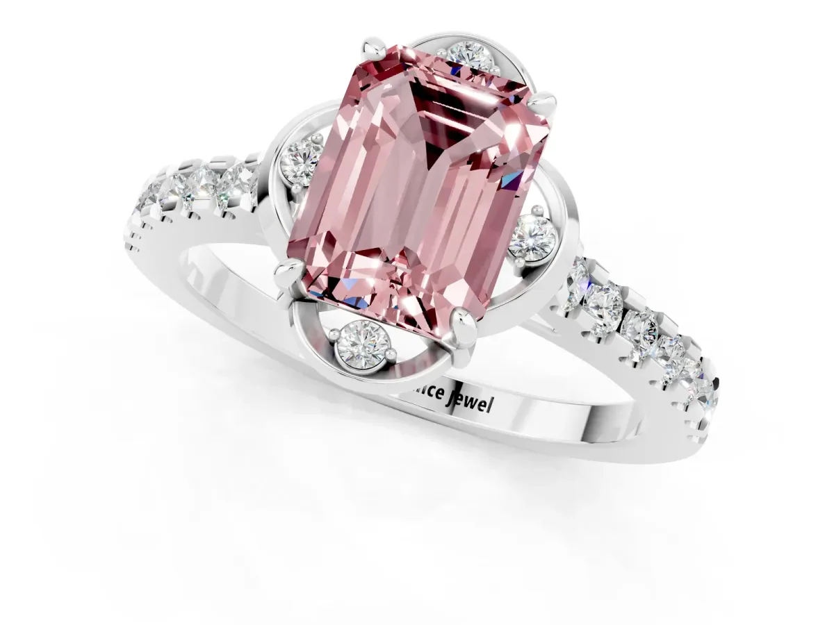 Emerald Cut Morganite Ring with Pavé Band and Floral Prong Setting Platinum
