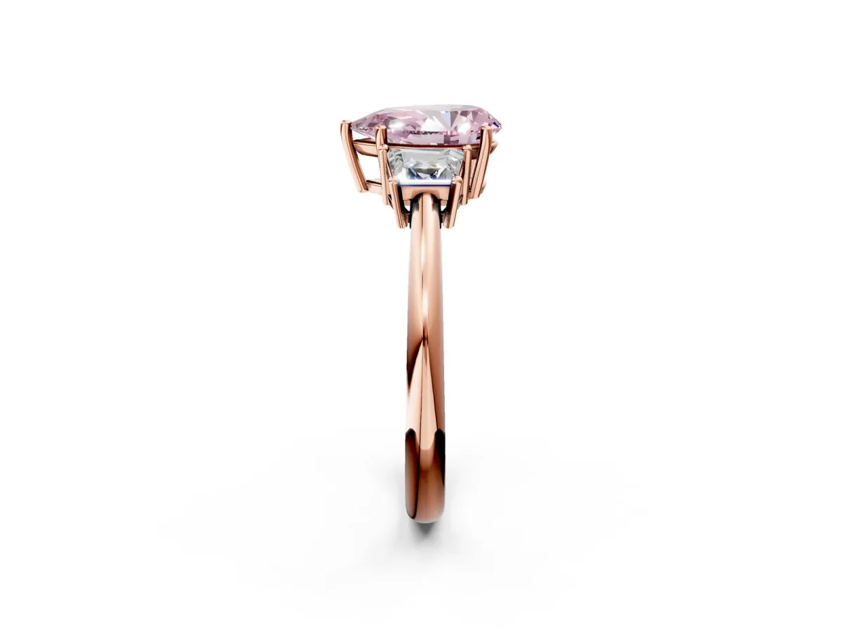 Fancy Pink Pear Cut Diamond Three-Stone Ring with Trapezoid Side Stones and Prong Setting Rose gold