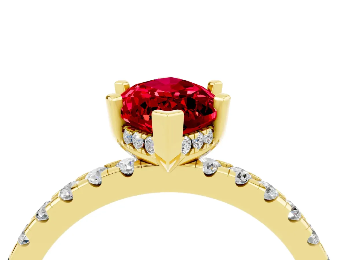 Marquise Cut Ruby Solitaire Ring with Round Pavé Band and Four-Prong Setting Yellow gold