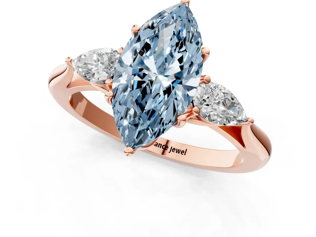 Fancy Blue Marquise Cut Diamond Three-Stone Ring with Pear Side Stones and Prong Setting Rose gold