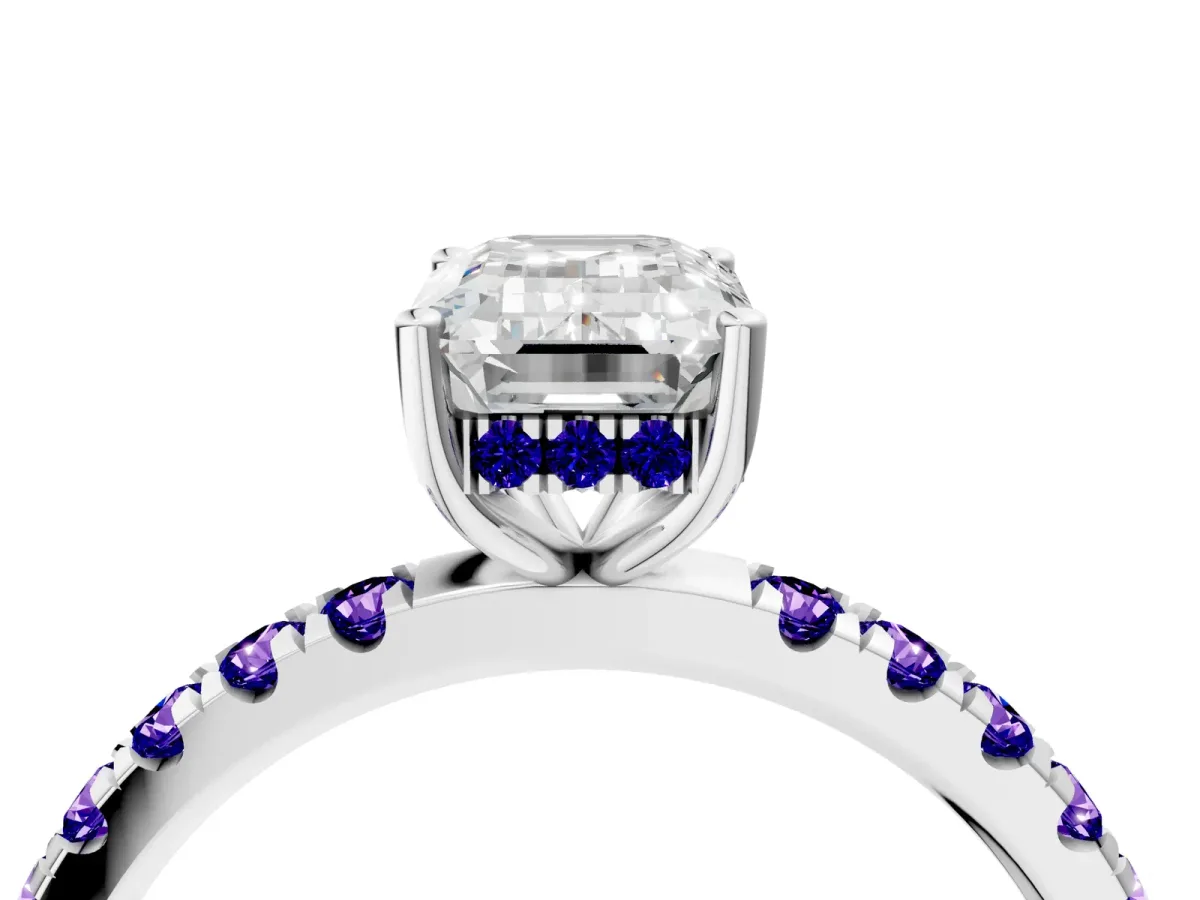 Emerald Cut Diamond Pave Band Solitaire Ring with Round Tanzanite and Prong Setting Platinum
