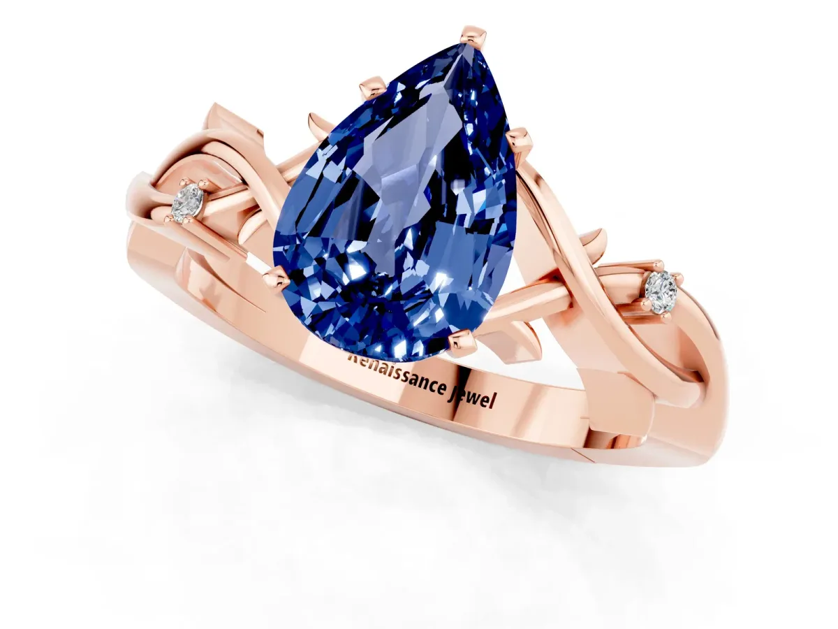 Pear Cut Blue Sapphire Solitaire Ring with Twisted Band and Prong Setting Rose gold