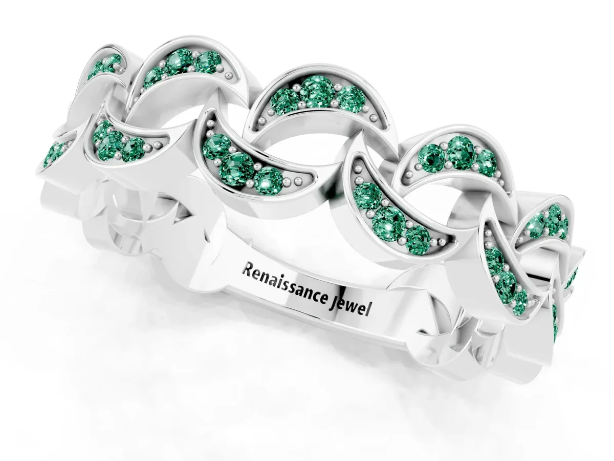 Pavé Round Green Sapphire Interlocking Eternity Band with Bezel Prong Setting Silver