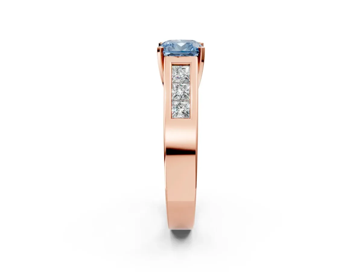 Fancy Blue Cushion Cut Cut Channel Set Solitaire Ring with Four-Prong Setting Rose gold