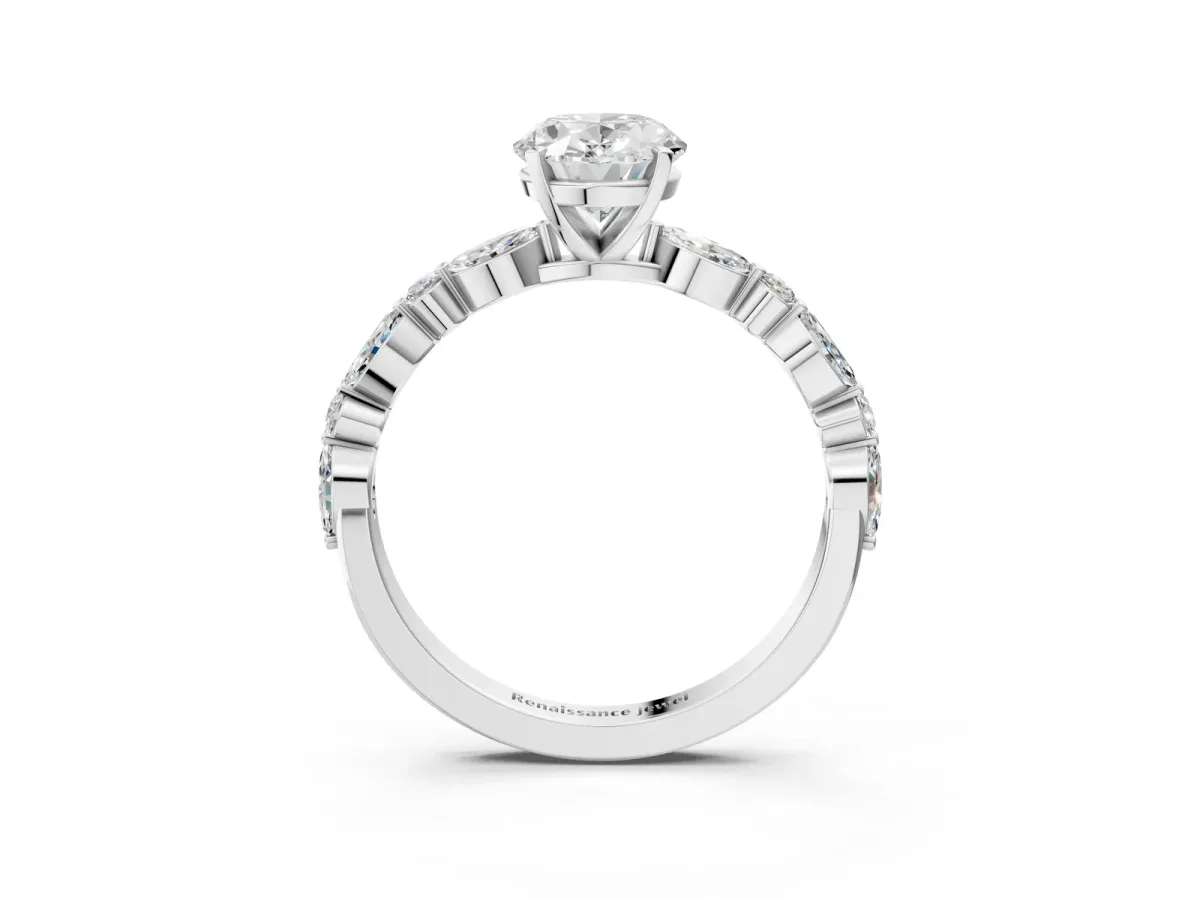Oval Cut Diamond Ring with Marquise and Round Side Stones and Four-Prong Setting Silver