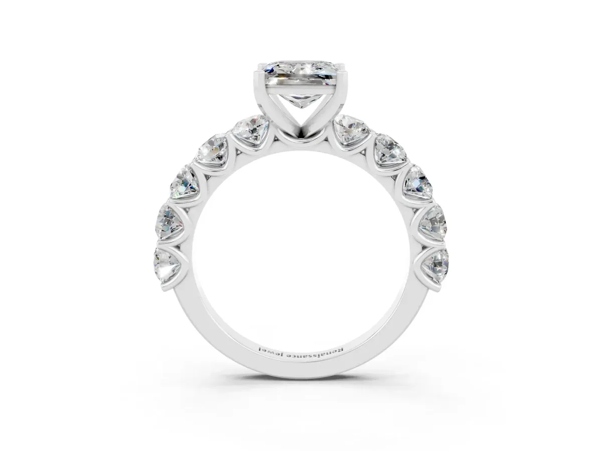 Princess Cut Moissanite Prong Setting with Side Stones on a Pave Band Silver