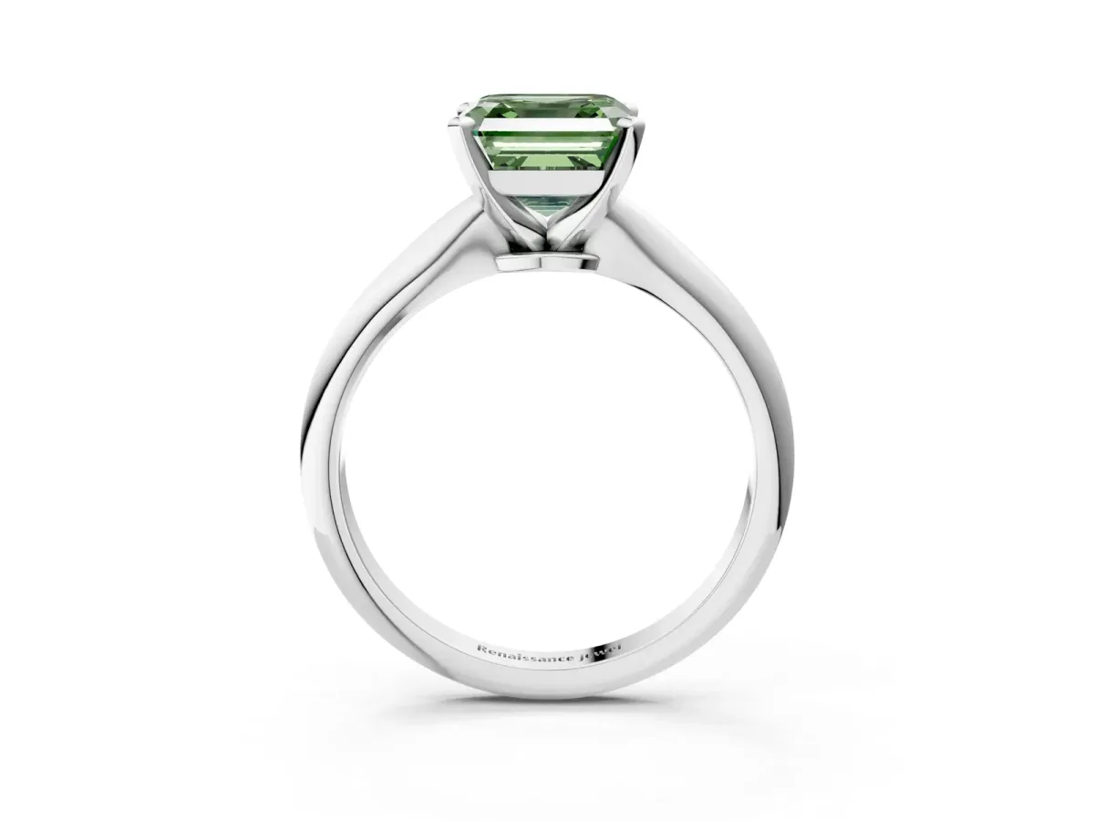 Fancy Green Asscher Cut Diamond Solitaire Engagement Ring with Classic Band and Four-Prong Setting Silver