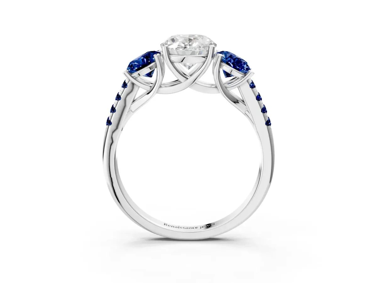Three-Stone Oval Cut Diamond Ring with Round Blue Sapphire Pavé Band and Prong Setting Silver