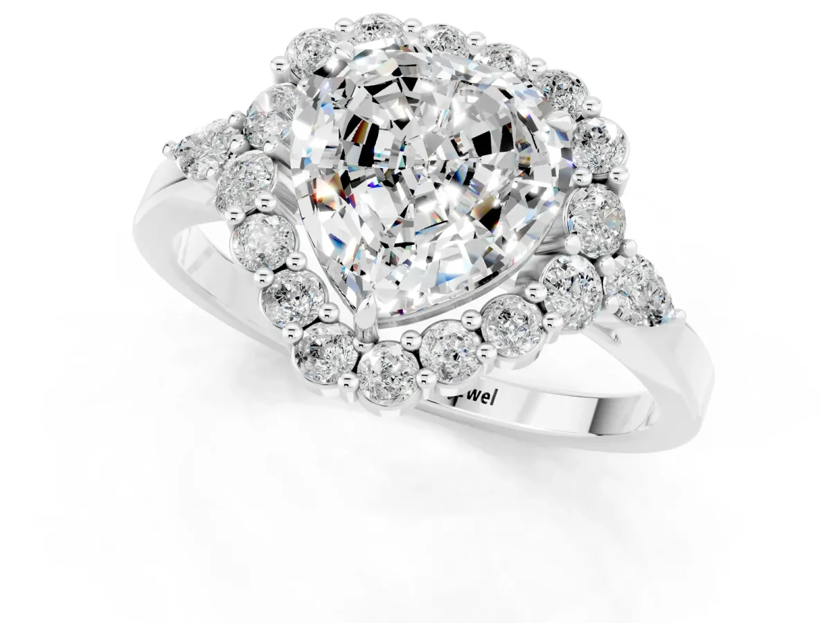 Heart Cut Moissanite Halo Ring with Pear Side Stones and Prong Setting Silver