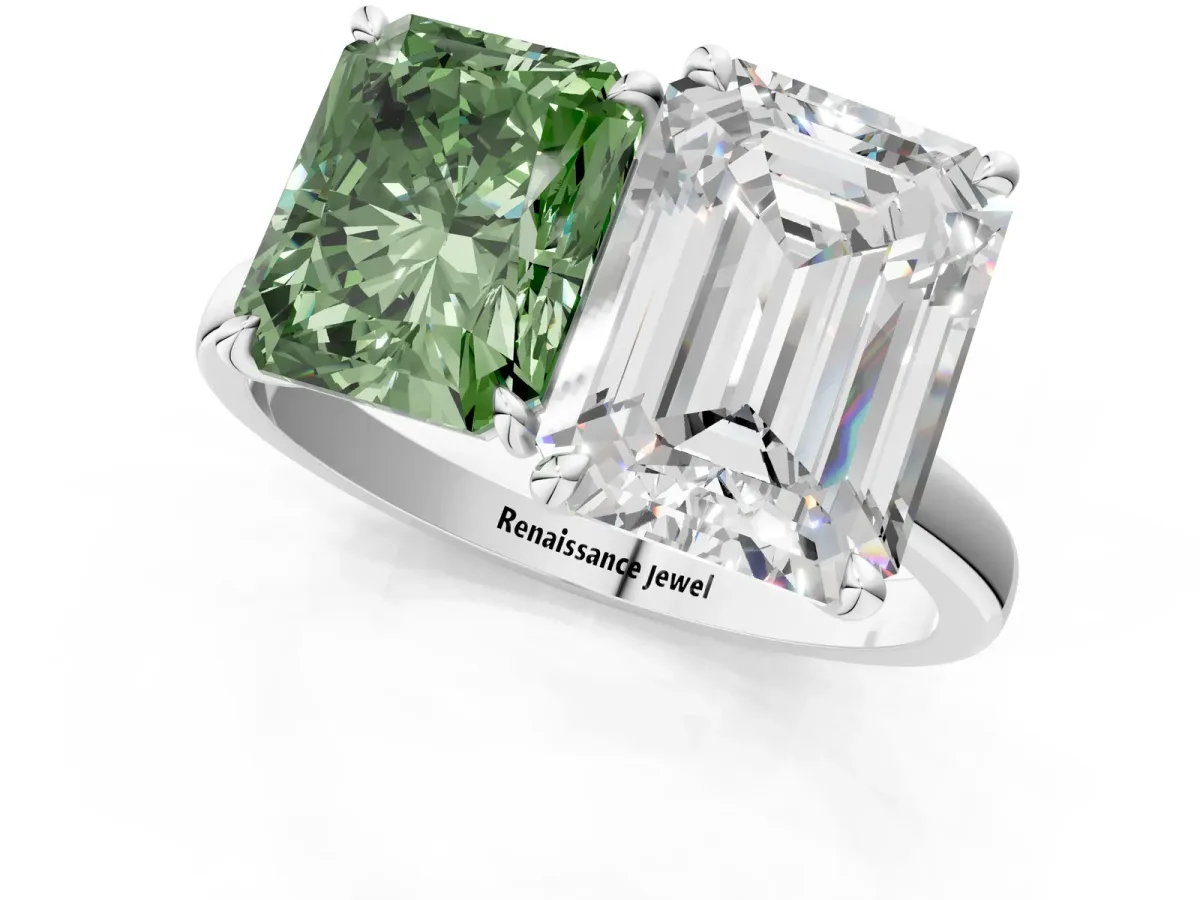 Fancy Green Radiant Cut and Emerald Cut Toi Moi Ring with Prong Setting White gold