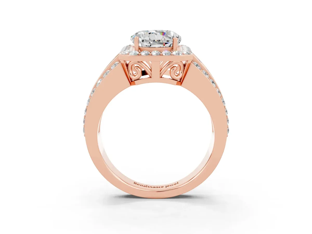 Round Cut Halo Moissanite Ring with Round Split Shank and Prong Setting Rose gold
