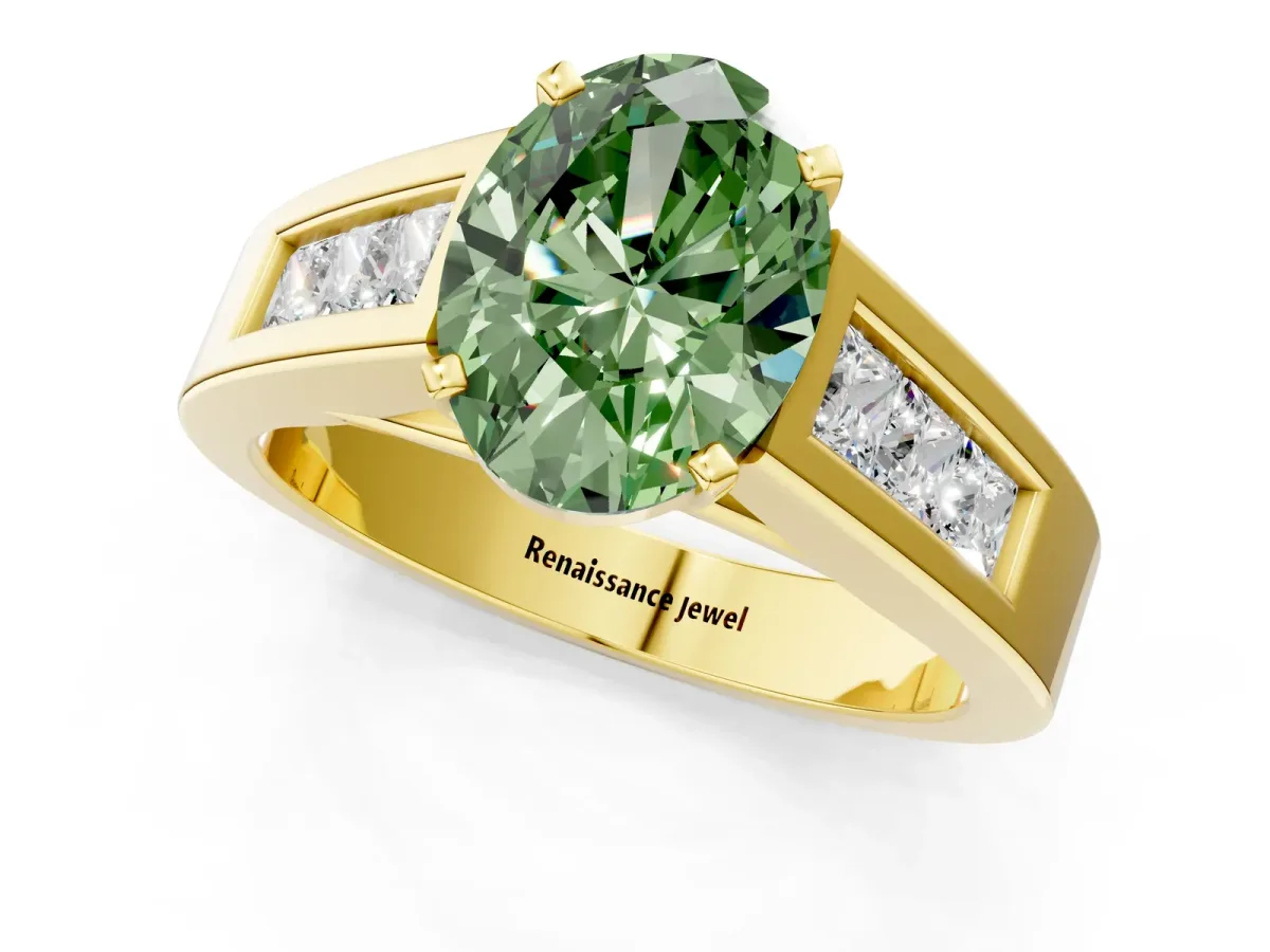 Fancy Green Oval Cut Cut Channel Set Solitaire Ring with Four-Prong Setting Yellow gold