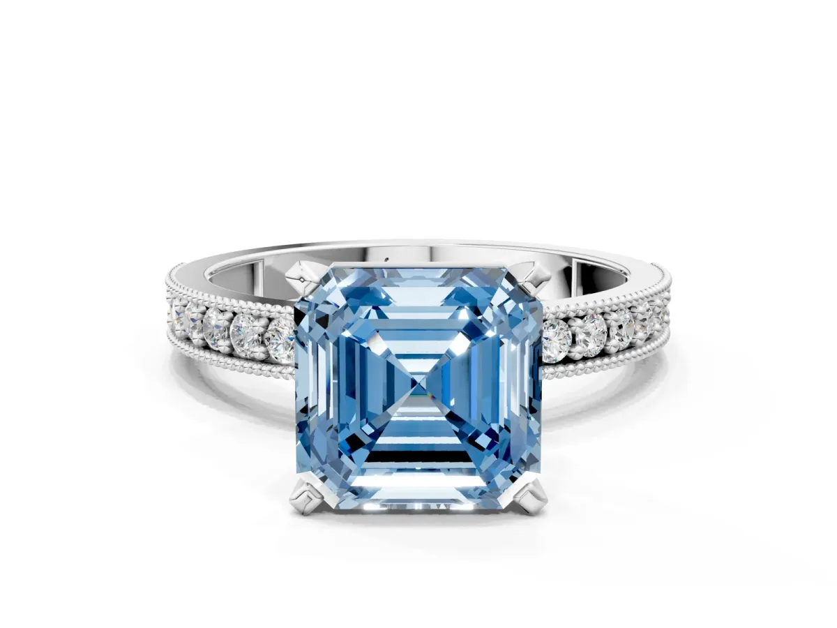 Fancy Blue Asscher Cut Diamond Milgrain Pavé Engagement Ring with Four-Prong Setting Platinum