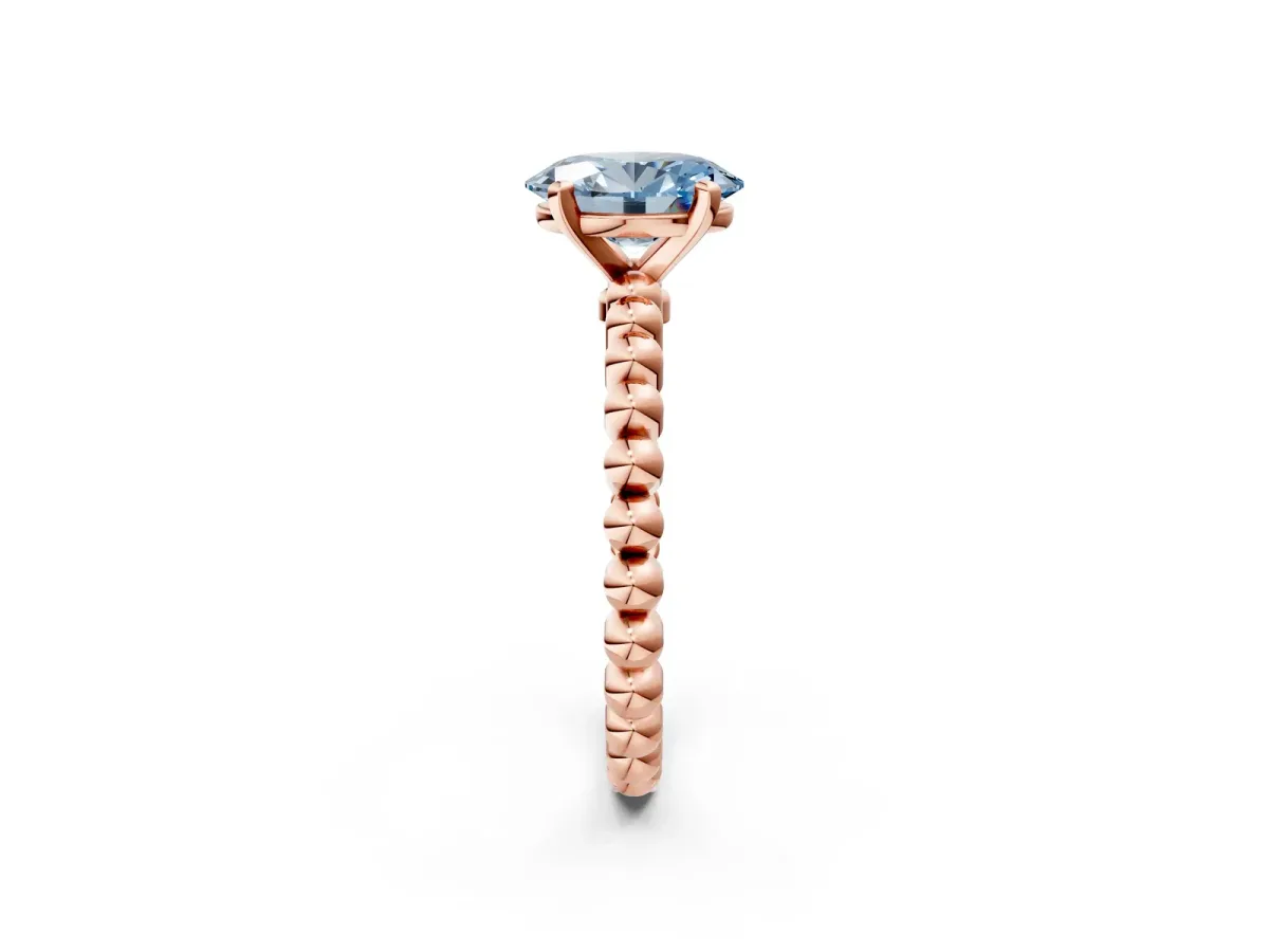 Fancy Blue Oval Cut Diamond Solitaire Ring with Beaded Band and Prong Setting Rose gold