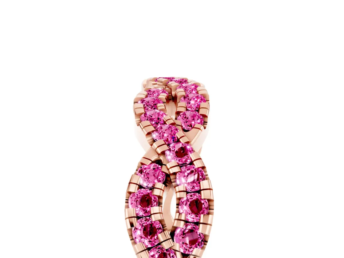 Round Pink Sapphire Twisted Eternity Band with Pavé and Shared Prong Setting Rose gold