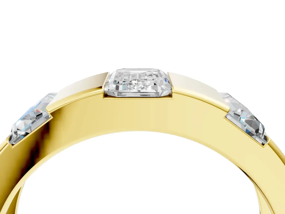 Emerald Cut Diamond Three-Stone Mens Ring with Baguette Side Stones Yellow gold