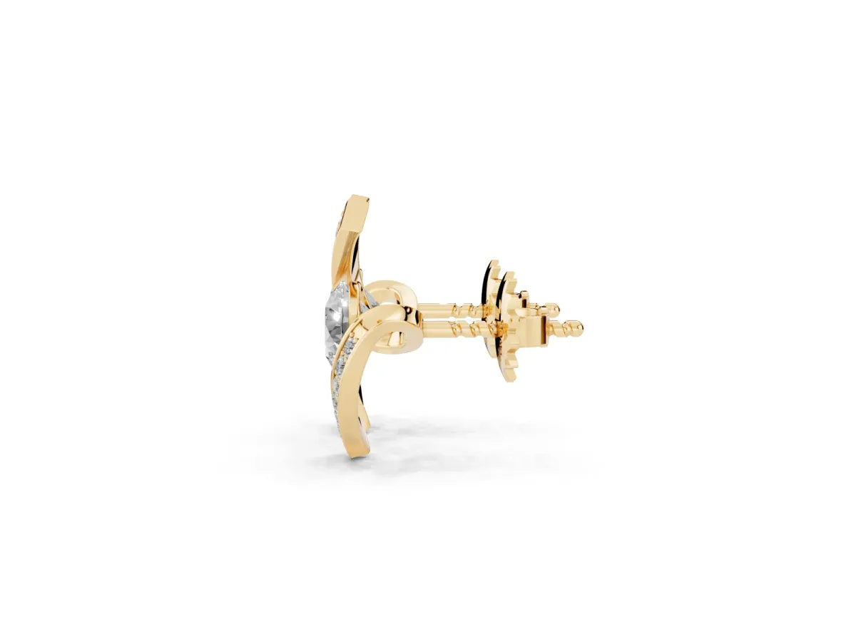 Round Diamond Curve Wave Stud Earrings Yellow gold