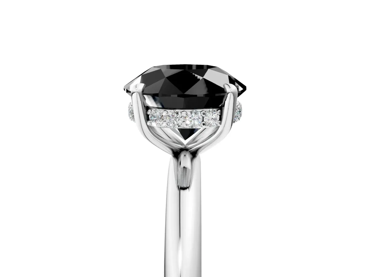 Fancy Black Round Cut Diamond Solitaire Ring with Thin Band and Four-Prong Setting Silver