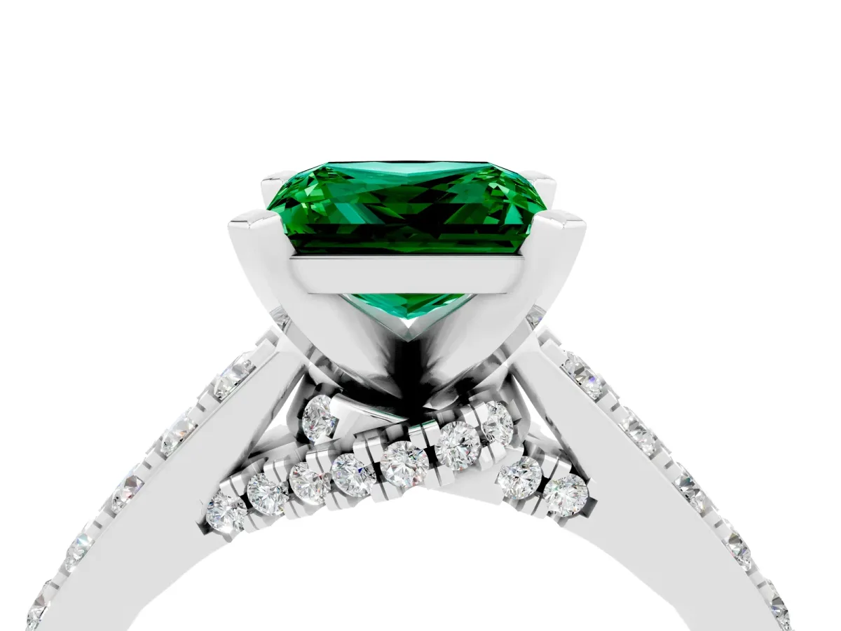 Princess Cut Emerald Solitaire Ring with Crossover Gallery and Round Pavé Band Silver