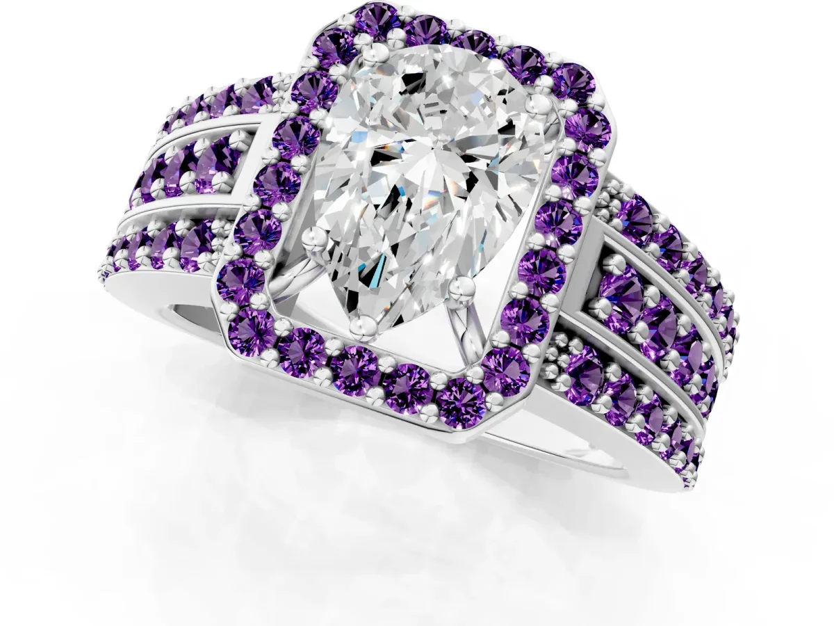 Pear Cut Halo Diamond Ring with Round Amethyst Split Shank and Prong Setting White gold