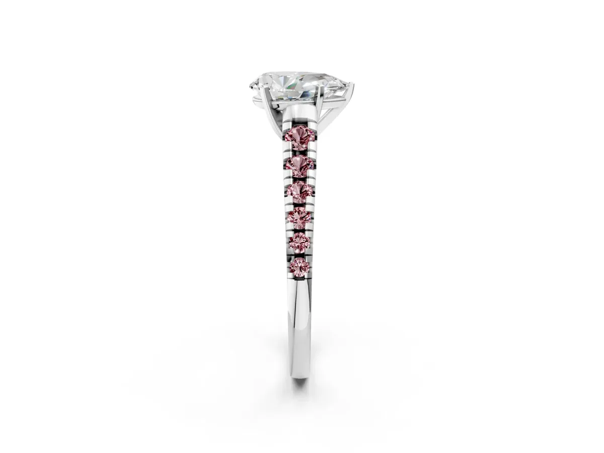 Pear Cut Diamond Cathedral Solitaire Ring with Round Morganite Pavé Band Silver