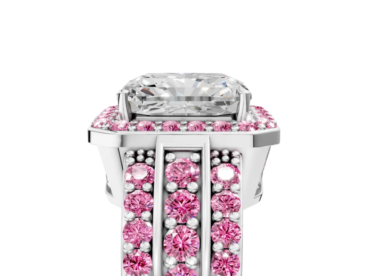 Radiant Cut Halo Diamond Ring with Round Pink Sapphire Split Shank and Prong Setting Silver