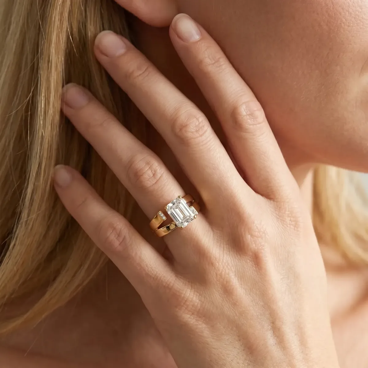 Modern Tension Set Emerald Cut Diamond Solitaire Wide Band Ring Yellow gold