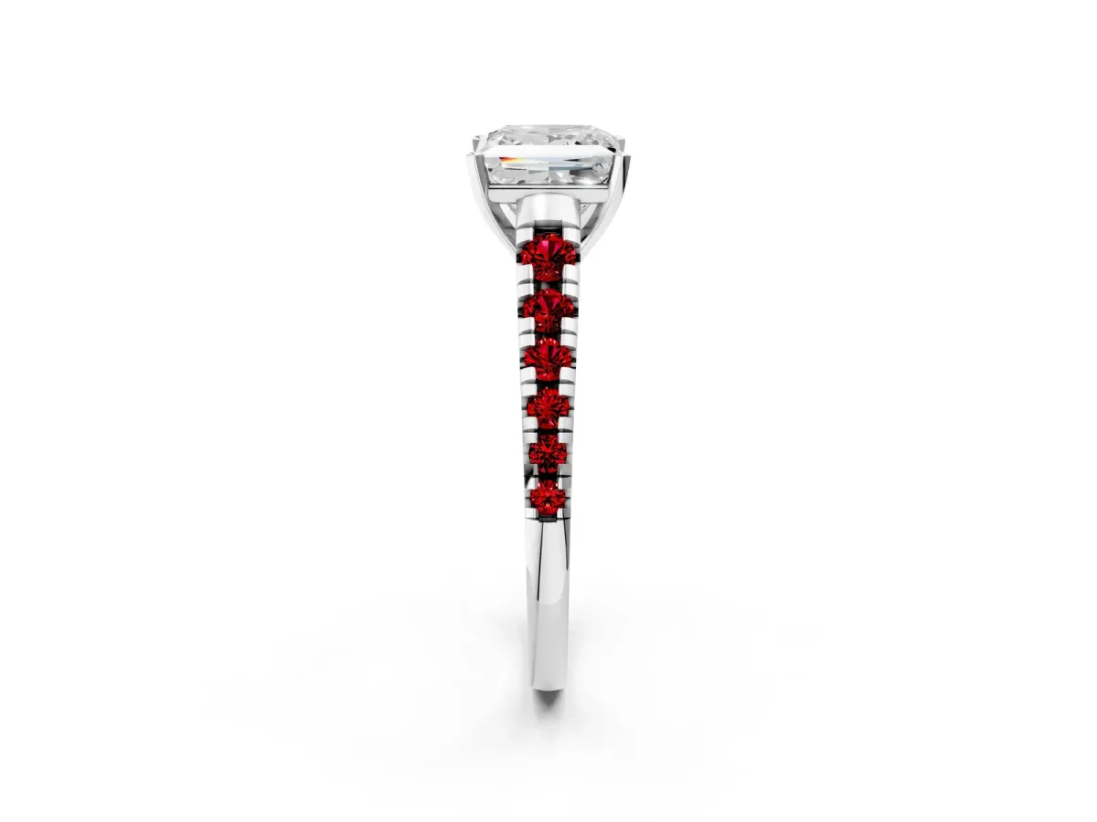 Princess Cut Diamond Cathedral Solitaire Ring with Round Ruby Pavé Band Platinum