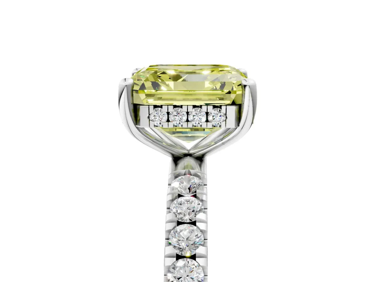 Fancy Yellow Asscher Cut Diamond Pave Band Solitaire Ring with Round and Prong Setting Platinum