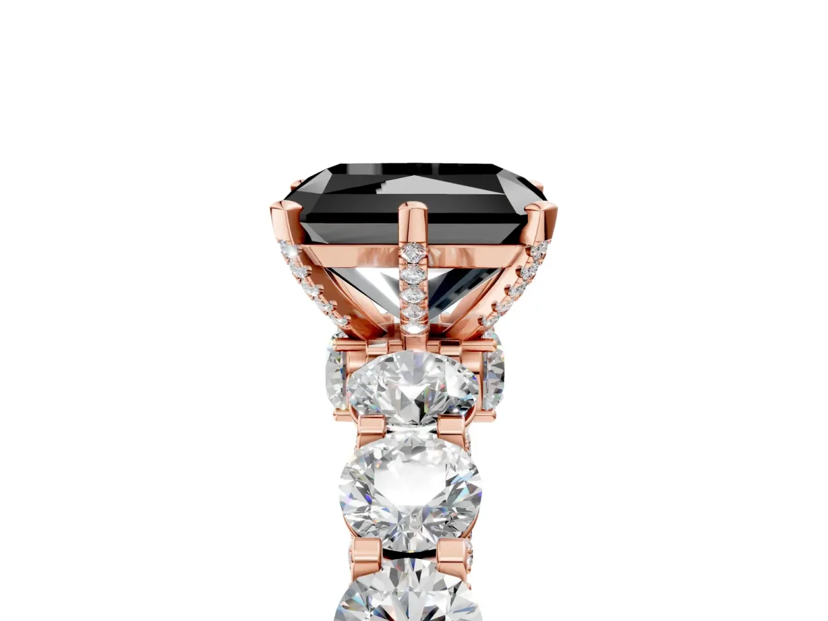 Fancy Black Radiant Cut Diamond Side Stone Engagement Ring with Four-Prong Setting Rose gold