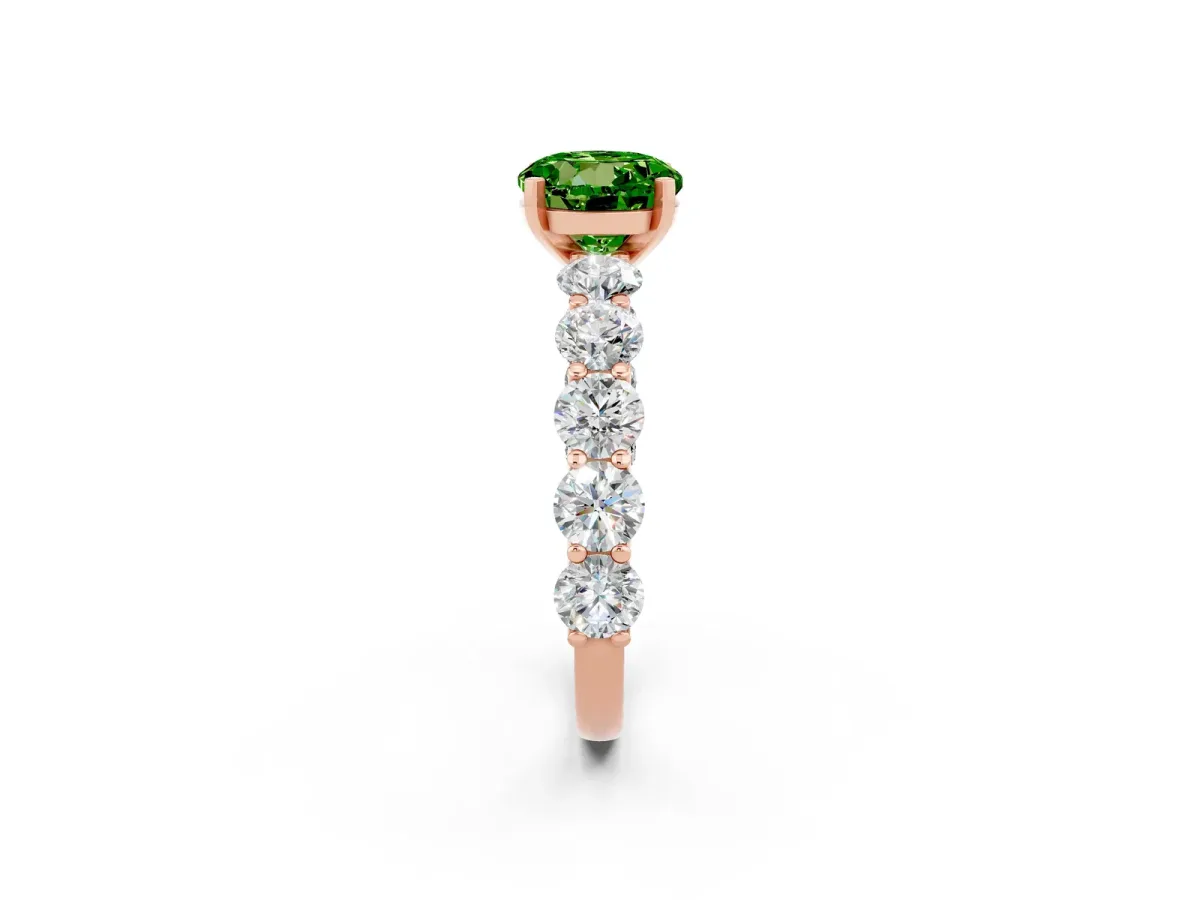Round Cut Peridot Prong Setting with Side Stones on a Pave Band Rose gold