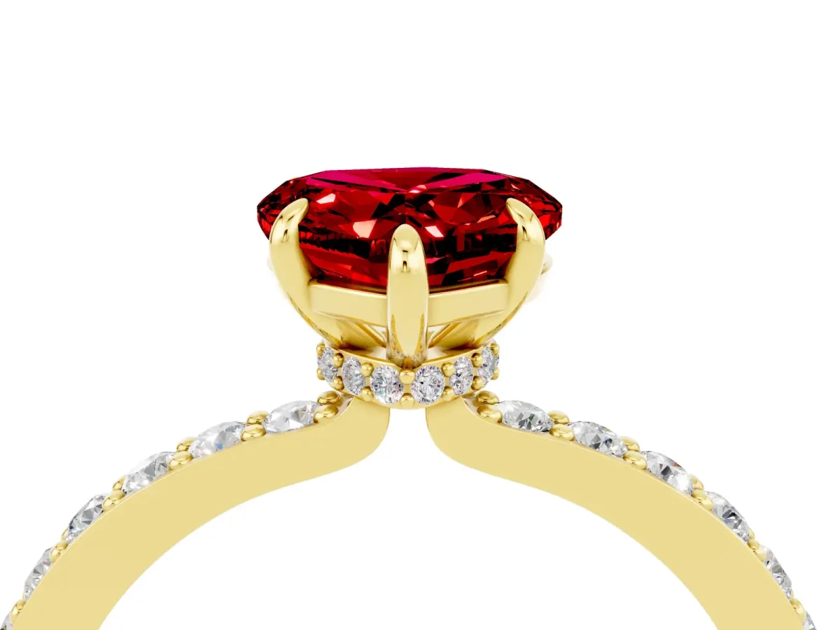 Heart Cut Ruby Solitaire Engagement Ring with Pavé Band and Four-Prong Setting Yellow gold