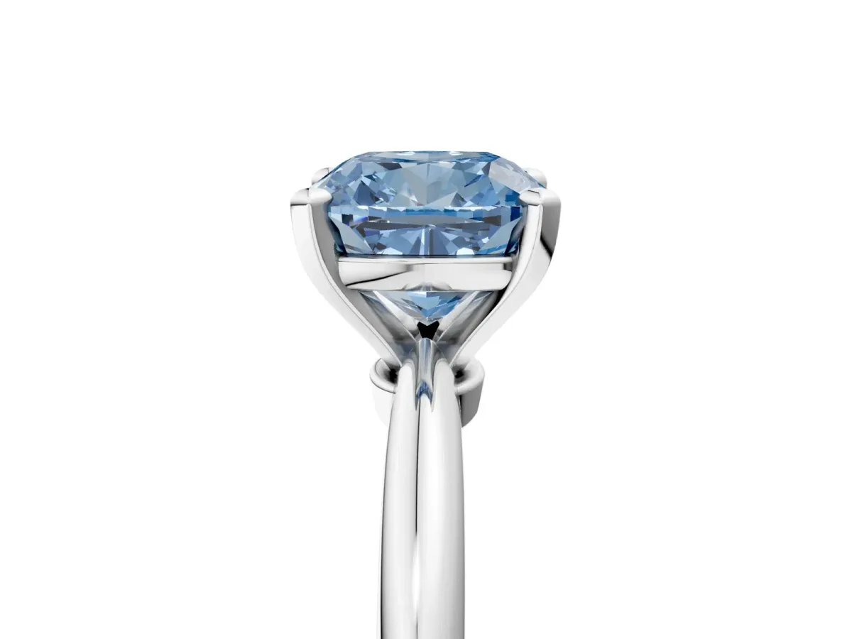 Fancy Blue Cushion Cut Diamond Solitaire Ring with Six-Prong Setting and Classic Band Silver