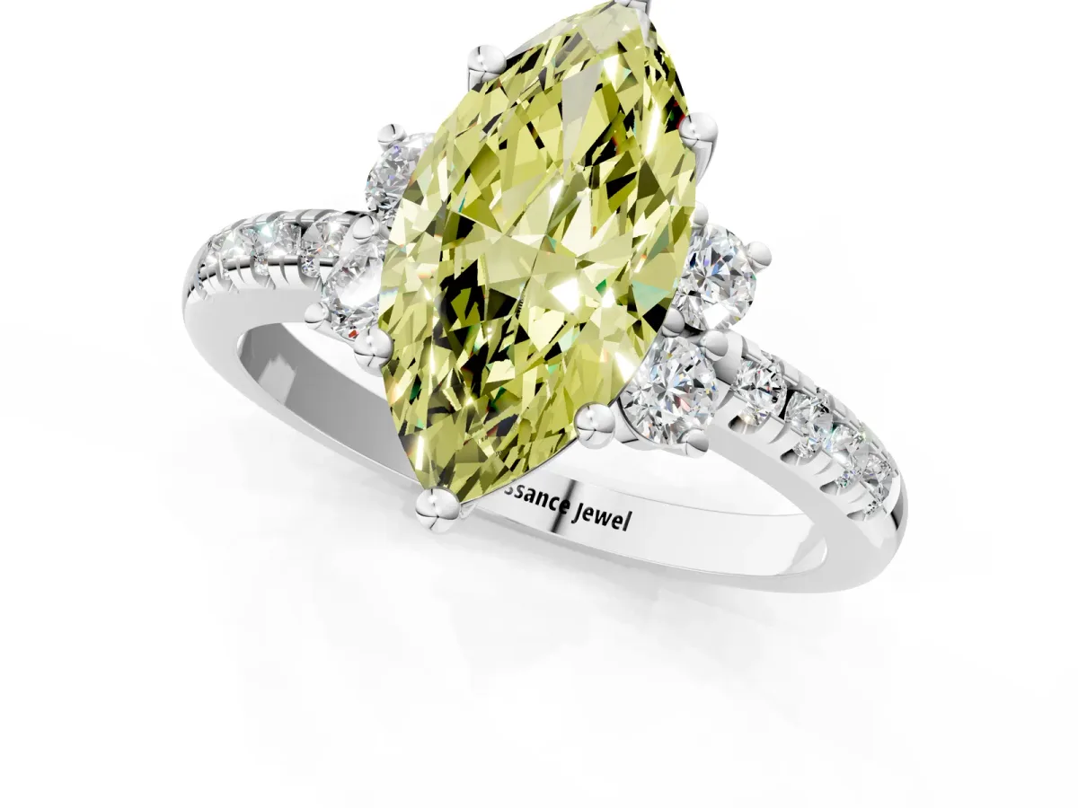 Fancy Yellow Marquise Cut Diamond Three-Stone Pave Band with Four-Prong Setting Silver