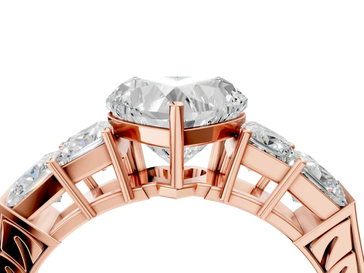 Heart Cut Solitaire Princess Side Stone Engraved Band Prong Setting Ring Rose gold