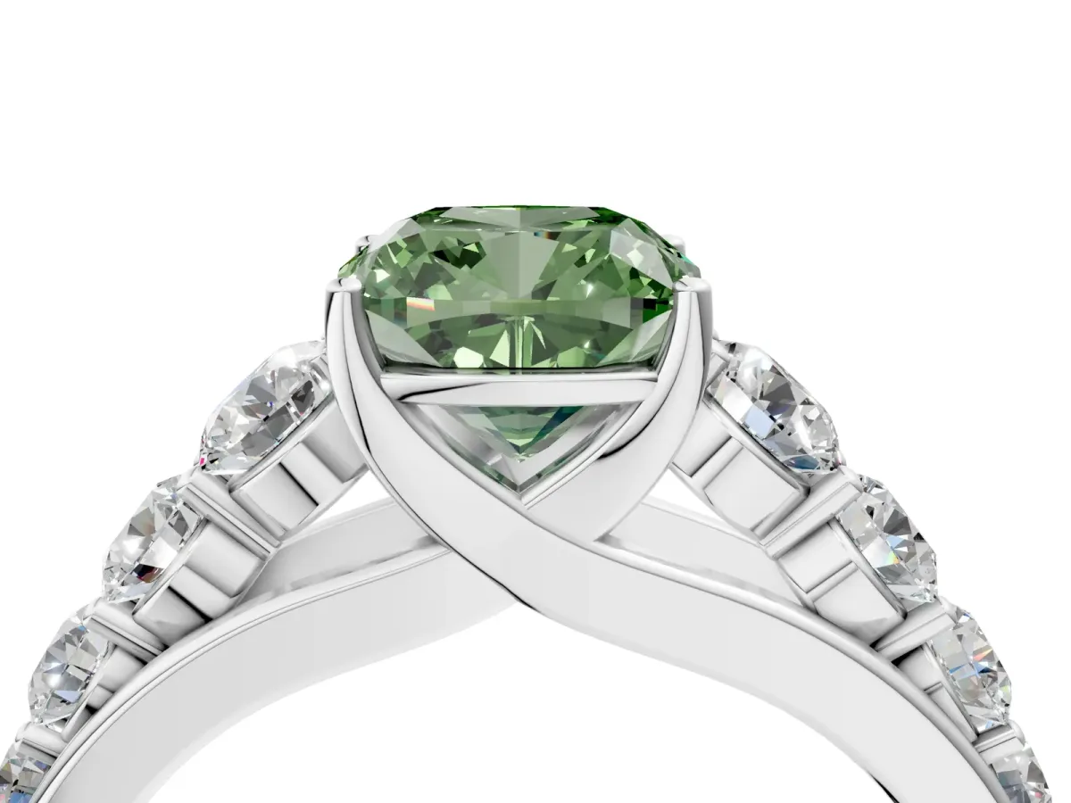 Fancy Green Cushion Cut Brilliant Diamond Pavé Band with Six-Prong Setting Silver