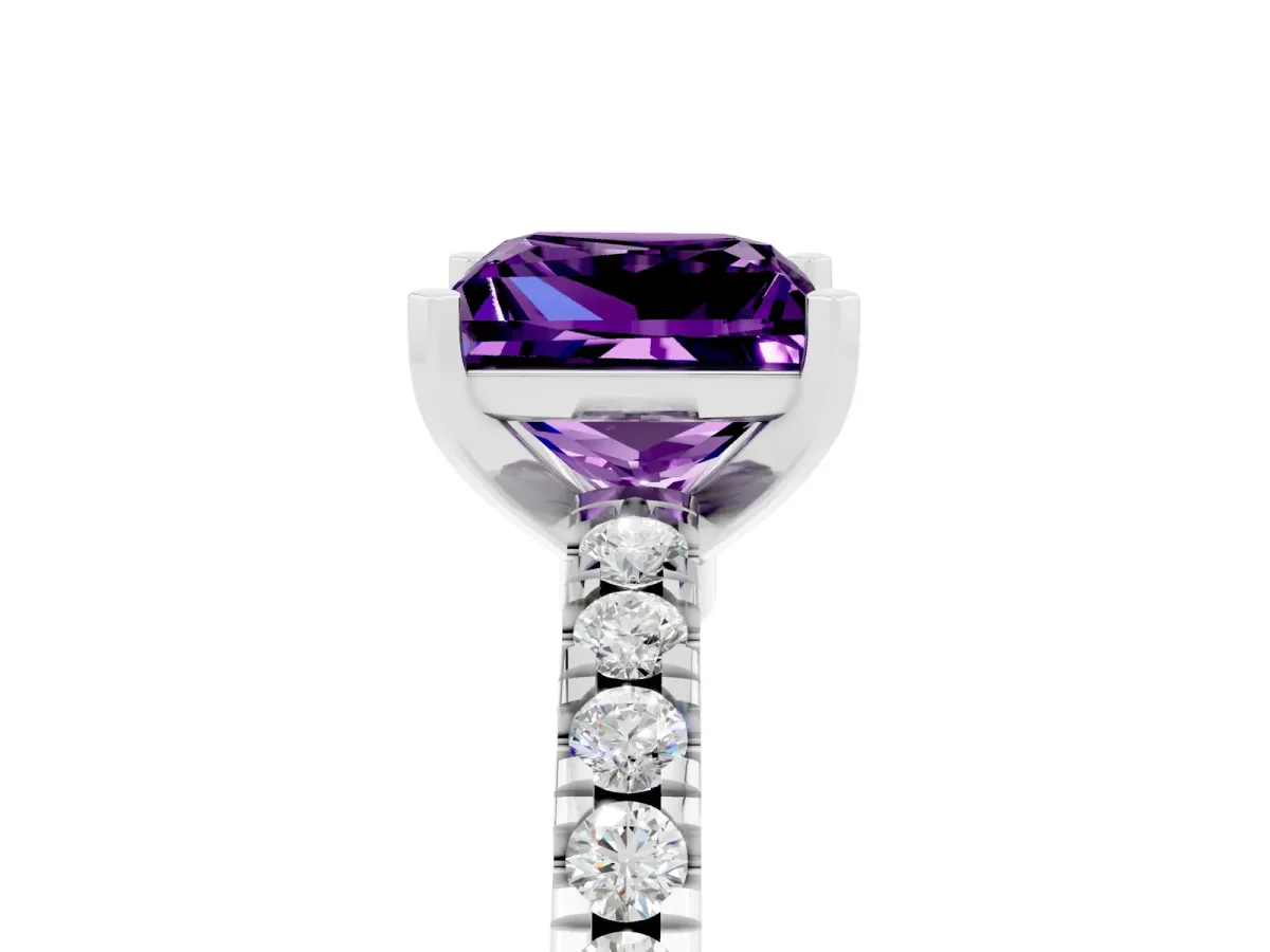 Princess Cut Solitaire Amethyst with Pavé Band and Four-Prong Setting Silver