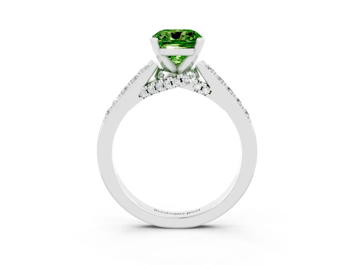 Cushion Cut Peridot Solitaire Ring with Crossover Gallery and Round Pavé Band Silver
